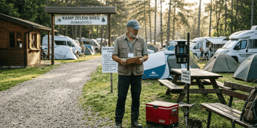 Voditelj kampa provjerava zamke za komarce i pregledava popis zadataka.