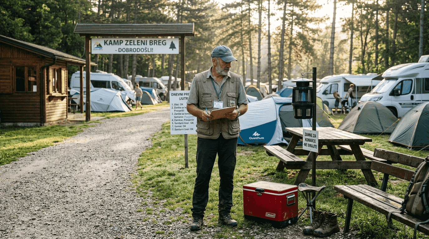 Voditelj kampa provjerava zamke za komarce i pregledava popis zadataka.